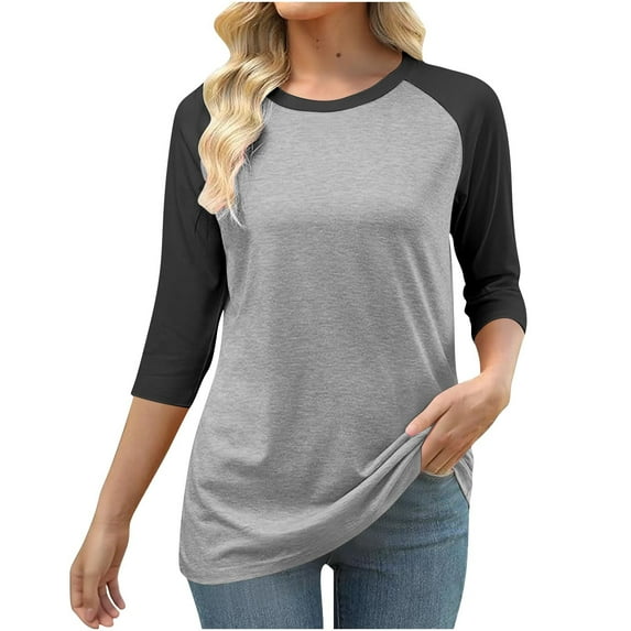 Womens Tops 3/4 Sleeve Round Neck Color Blocked T-shirt 1-Gray S,Blouse for Women