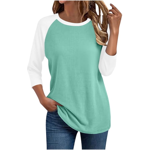 Womens Tops 3/4 Sleeve Round Neck Color Blocked T-shirt Mint Green M,Blouse for Women