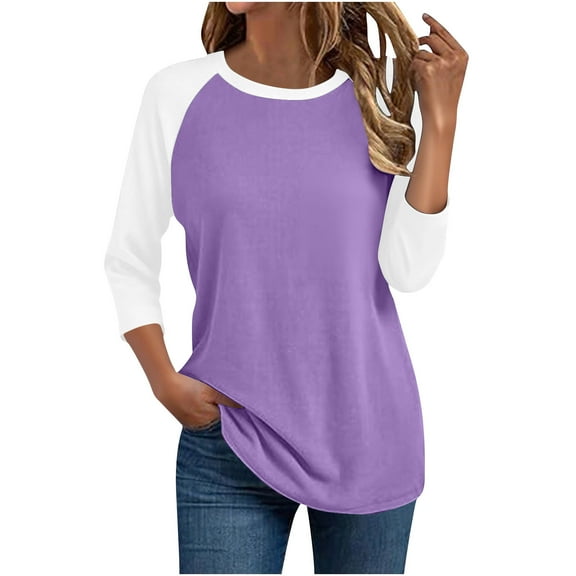 Womens Tops 3/4 Sleeve Round Neck Color Blocked T-shirt Purple M,Blouse for Women