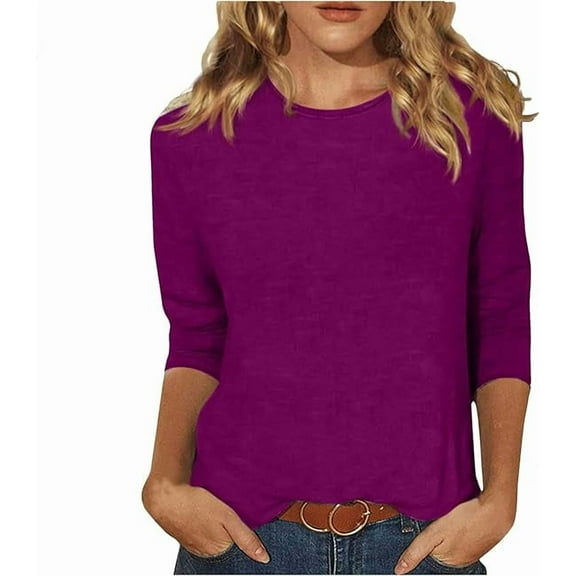 Womens Tops 3/4 Sleeve Round Neck Loose Casual Crewneck Cute Shirts Trendy Blouses Three Quarter Length Tshirts Tunic Tops Summer Pullover