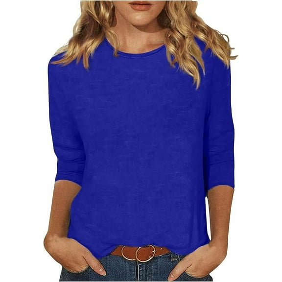 Womens Tops 3/4 Sleeve Round Neck Loose Casual Crewneck Cute Shirts Trendy Blouses Three Quarter Length Tshirts Tunic Tops Summer Pullover