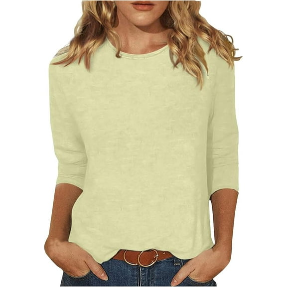 Womens Tops 3/4 Sleeve Round Neck Loose Casual Crewneck Cute Shirts Trendy Blouses Three Quarter Length Tshirts Tunic Tops Summer Pullover