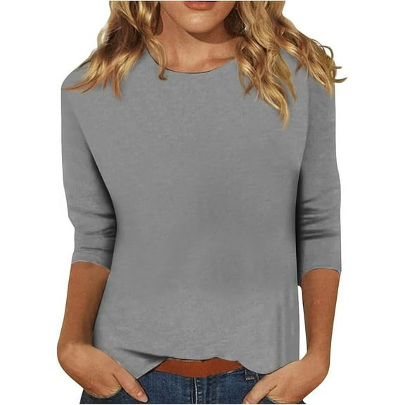 Womens Tops 3/4 Sleeve Round Neck Loose Casual Crewneck Cute Shirts Trendy Blouses Three Quarter Length Tshirts Tunic Tops Summer Pullover