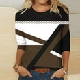 thumbnail image 1 of Womens Tops 3/4 Sleeve Round Neck Patchwork Printed Slim Sitting Casual Blouse Coffee L, 1 of 3