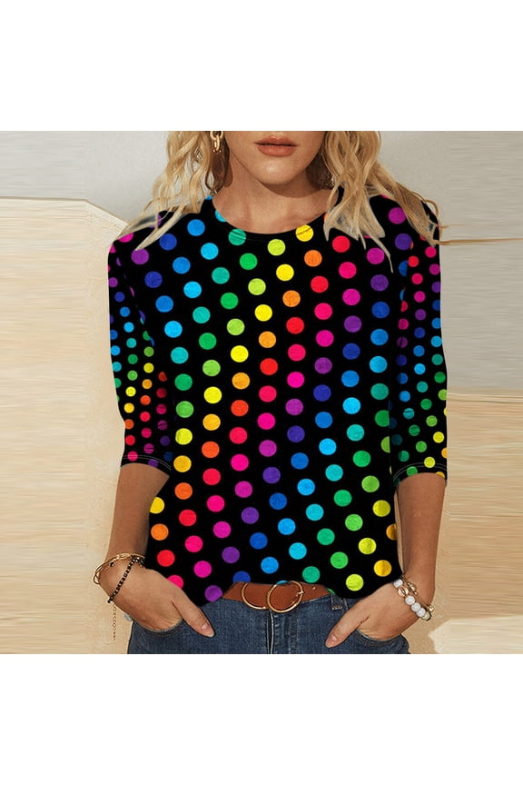 Womens Tops 3/4 Sleeve Round Neck Printed Casual Blouse Multicolor S
