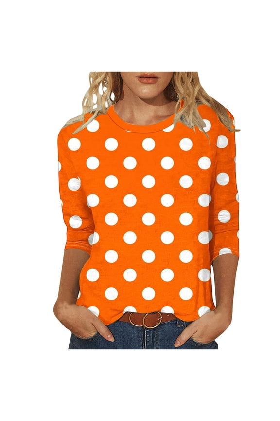 Womens Tops 3/4 Sleeve Round Neck Shirts Fasion Polka Dot Casual Loose Tunic Blouses Summer Spring Daily Clothes S-5XL