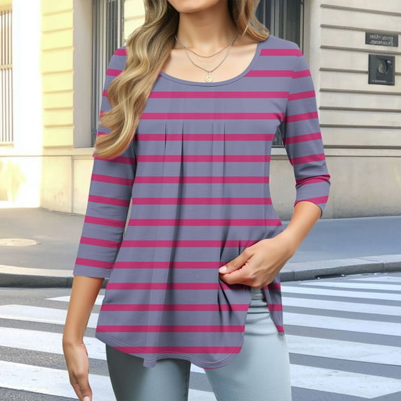 Womens Tops 3/4 Sleeve Round Neck Stripe Printing Plus Size T-shirt Casual Blouse,Tops for Women Hot Pink