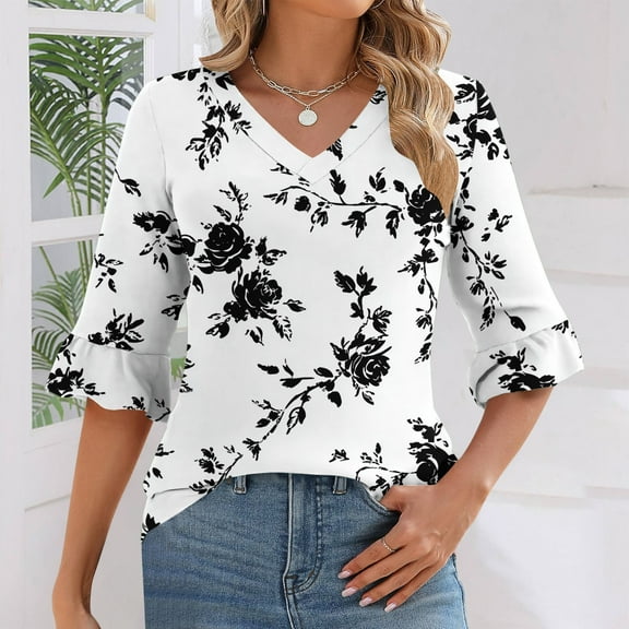 Womens Tops 3/4 Sleeve Ruffle Floral Printed V-neck Casual Three-quarter Sleeve T-shirt White M,Tops for Women