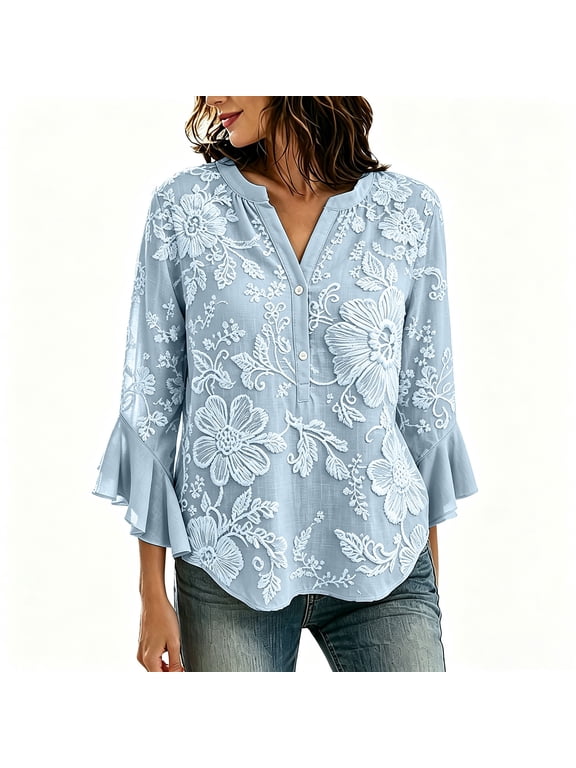 Womens Tops 3/4 Sleeve Ruffle Sleeve Blouses Womens Tops 3/4 Length Sleeve Boho Tees Tops Breathable Cotton Blend Gauze Shirts Linen Cotton Tunic Blouse Womens Tops Blue S