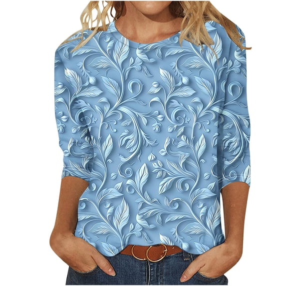 Womens Tops 3/4 Sleeve Shirts Round Neck Loose Casual Blouses Floral Print Tshirts