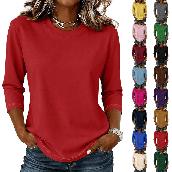 Womens Tops 3/4 Sleeve Shirts Round Neck Loose Casual Blouses Solid Color Tshirts Red 2XL