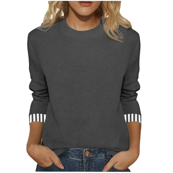 Womens Tops 3/4 Sleeve Shirts Round Neck Loose Casual Blouses Stripe Patchwork Tshirts Trendy Clothes