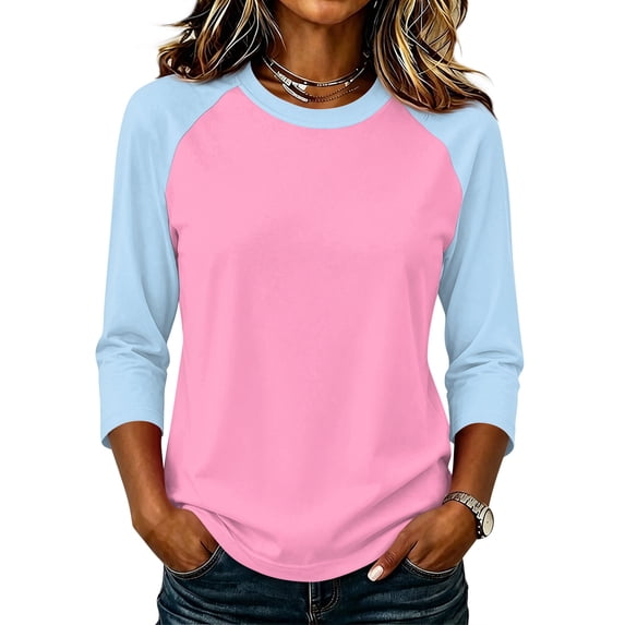 Womens Tops 3/4 Sleeve Shirts Round Neck Loose Casual Tshirts | Color Block Summer Tees,2XL
