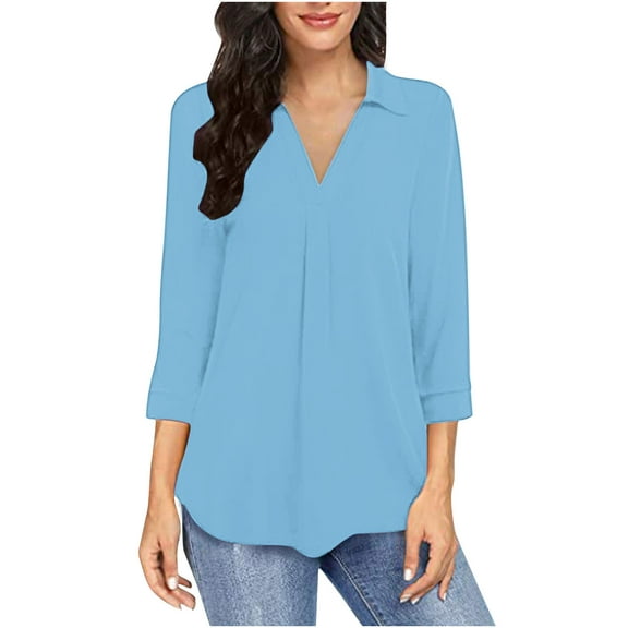 Womens Tops 3/4 Sleeve Shirts V Neck Collared Blouse Dressy Casual Pleated Front Tunic Tops Clothes