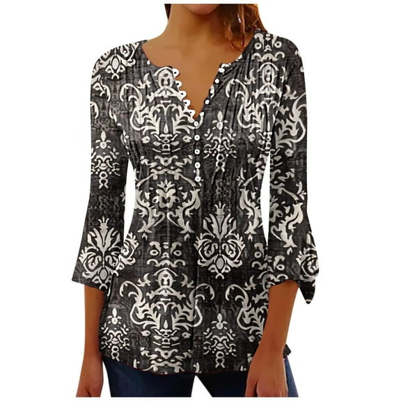 Womens Tops 3/4 Sleeve Shirts V-Neck Floral Print Button Tees Loose Casual Tunic Blouses Spring Autumn Clothes (Black 2XL)