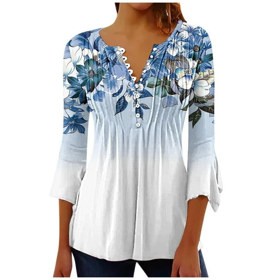 Womens Tops 3/4 Sleeve Shirts V-Neck Floral Print Button Tees Loose Casual Tunic Blouses Spring Autumn Clothes (Light Blue M)