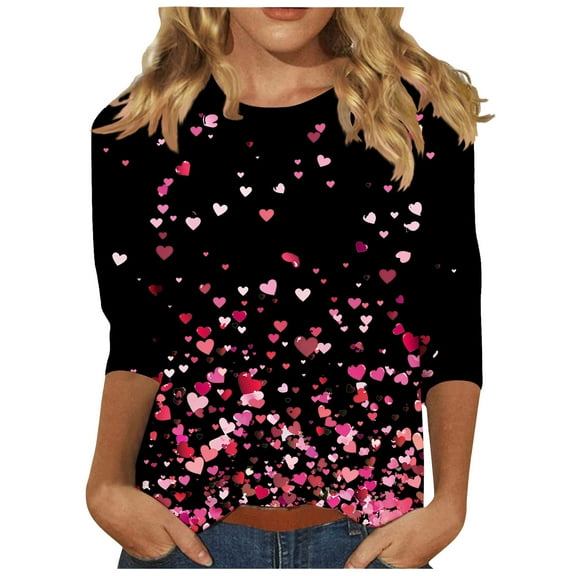 Womens Tops 3/4 Sleeve Shirts Valentine's/Mother's Day Gifts Crew Neck Loose Casual Heart Print Tshirts, Black D,XL