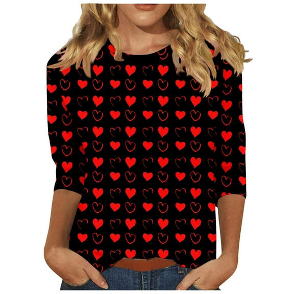 Womens Tops 3/4 Sleeve Shirts Valentine's/Mother's Day Gifts Crew Neck Loose Casual Heart Print Tshirts, Red,L