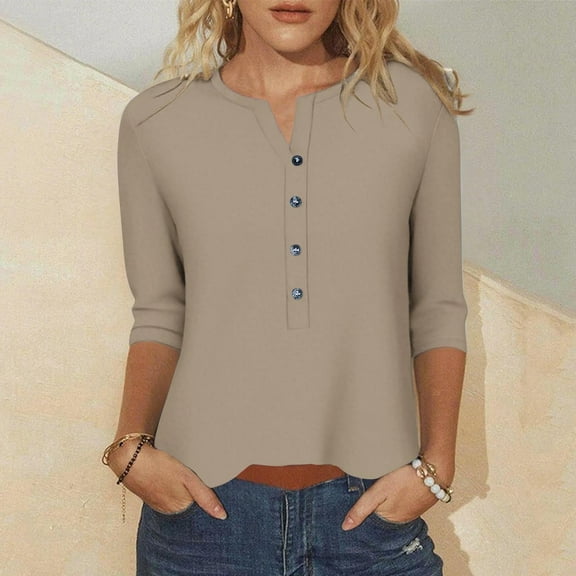 Womens Tops 3/4 Sleeve Solid Color Casual Button V Neck Three Quarter Sleeve T-shirt Loose Shirt Khaki L,Tops for Women