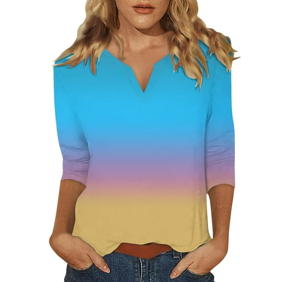 Womens Tops 3/4 Sleeve Tops For Summer Notched V Neck Plain T Shirts Casual Cute Three Quarter Length Blouses Blouses For Women