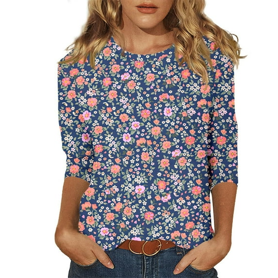 Womens Tops 3/4 Sleeve Trendy Floral Printed Crewneck Tee Shirts Summer Casual Loose Fit Workout Pullover Blouses