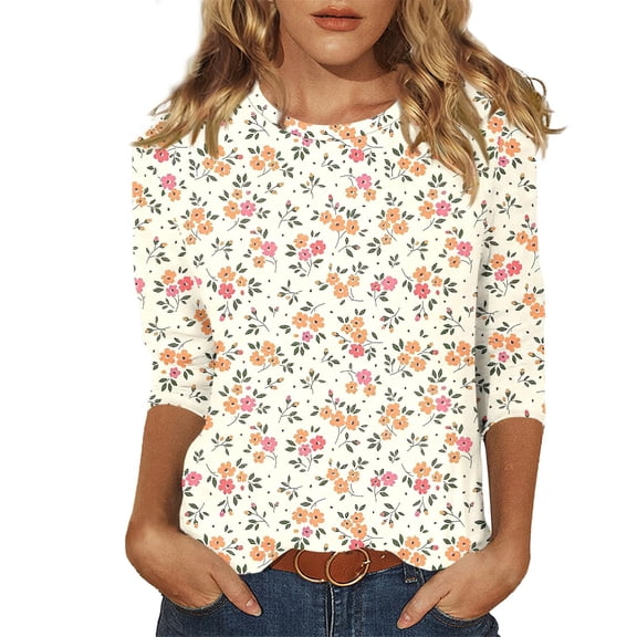 Womens Tops 3/4 Sleeve Trendy Floral Printed Crewneck Tee Shirts Summer Casual Loose Fit Workout Pullover Blouses