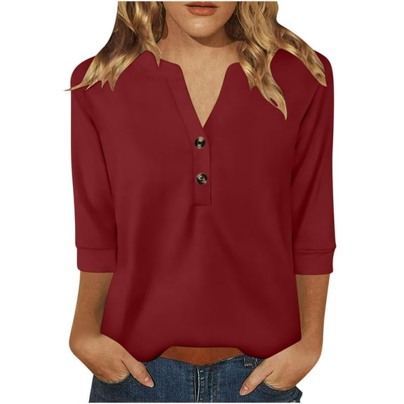 Womens Tops 3/4 Sleeve V-Neck Button Solid Color Pleated Casual Dressy Blouse Ladies Tunic Tops