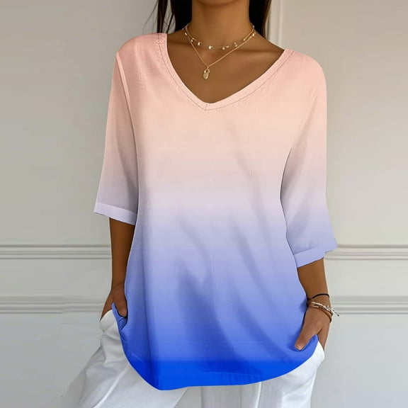 Womens Tops 3/4 Sleeve V-Neck Casual Print Loose Blouse Shirts,Tops for Women Blue