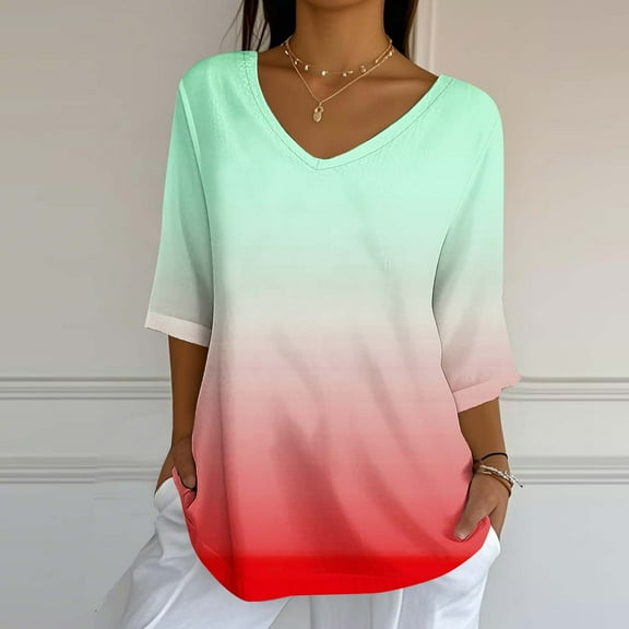 Womens Tops 3/4 Sleeve V-Neck Casual Print Loose Blouse Shirts,Tops for Women Red