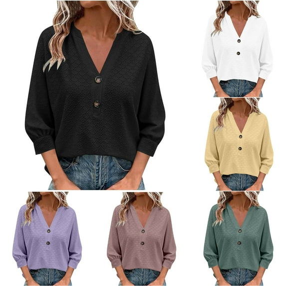 Womens Tops 3/4 Sleeve V Neck Shirts Dressy Casual Tunic Blouses Summer Tees Black L