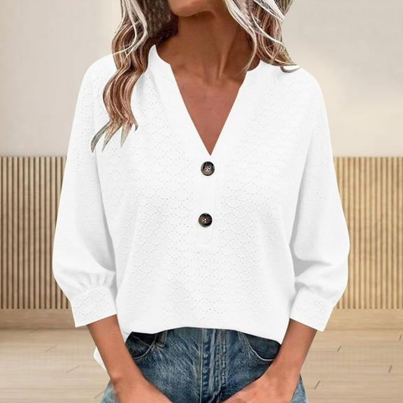 Womens Tops 3/4 Sleeve V Neck Shirts Dressy Casual Tunic Blouses Summer Tees White S