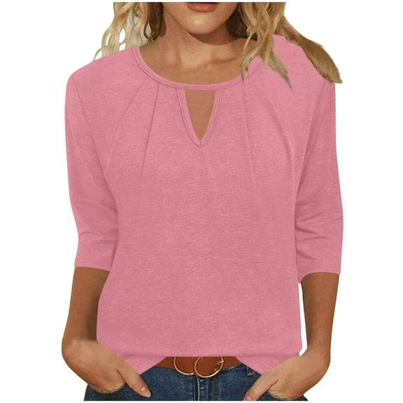 Womens Tops 3/4 Sleeve V-Neck Solid Color Pleated Casual Dressy Blouse Ladies Tunic Tops