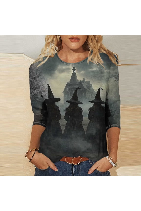 Womens Tops 3/4 Sleeve Witch Print Casual T Shirts Crew Neck Loose Fit Pullover Tunic Basic Tees S