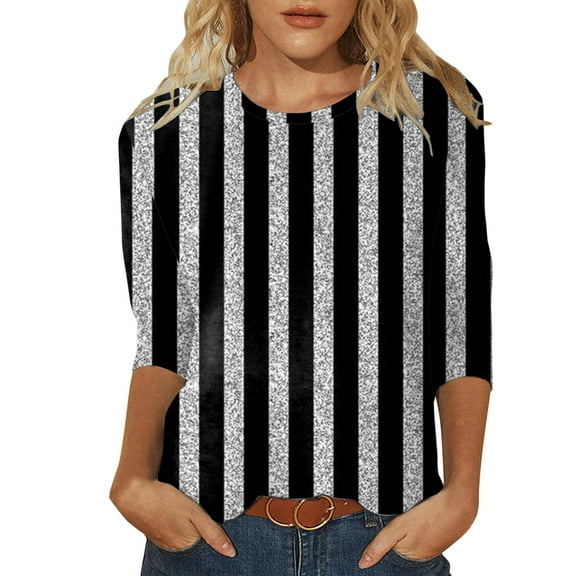 Womens Tops 3/4 Sleeved Sequin Printed Round Neck Top T Shirt Solid Oversized Tshirts for Women White L