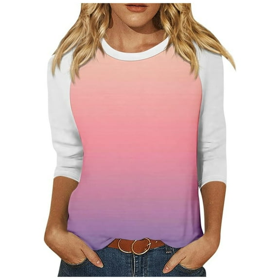 Womens Tops 3/4 Sleeved Solid Color Gradient Printed Short Sleeved Round Neck Top Plus Size Womens Tops Short Sleeve Shirts for Women