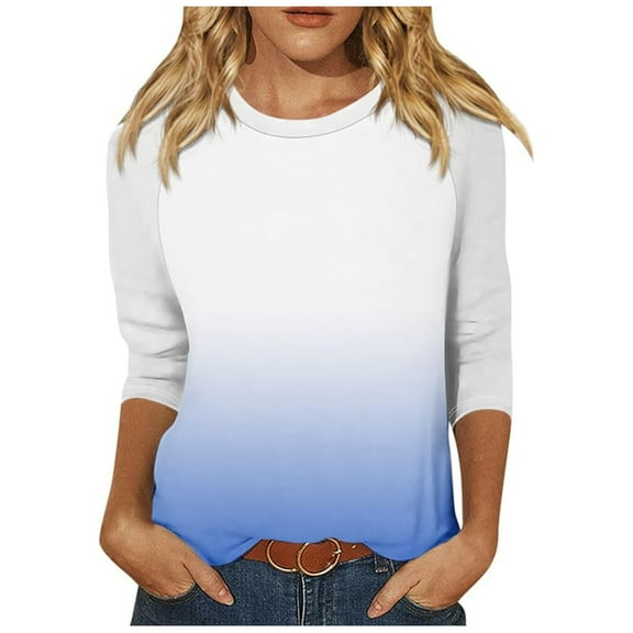 Womens Tops 3/4 Sleeved Solid Color Gradient Printed Short Sleeved Round Neck Top Plus Size Womens Tops Short Sleeve Shirts for Women