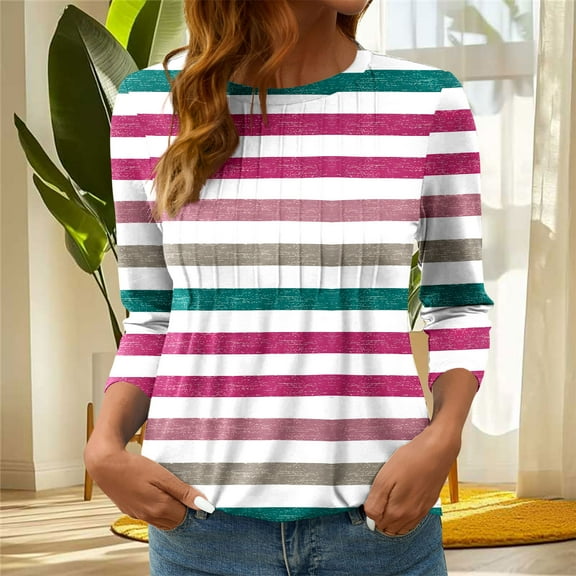 Womens Tops 3/4 Sleeved Stripe Printed Casual T-shirt Round Neck Top Watermelon Red S,Tops for Women