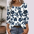 thumbnail image 1 of Womens Tops 3/4 Sleeves Printed Button-up T-shirt Round Neck Top Shirt Navy L,Tops for Women, 1 of 6