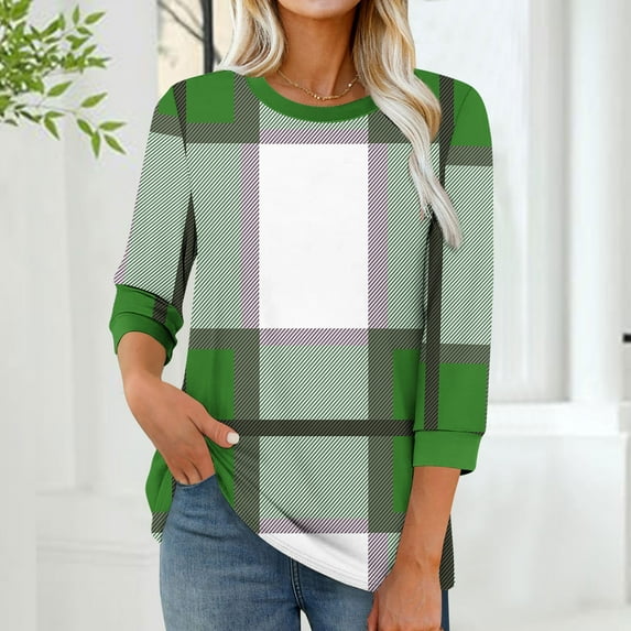 Womens Tops 3/4 Sleeves Printed Round Neck T-shirt Casual Blouse Green,Blouse for Women