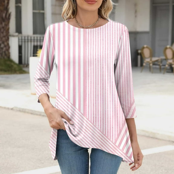 Womens Tops 3/4 Sleeves Printed T-shirt Blouse Round Neck Casual Top,Tops for Women Pink