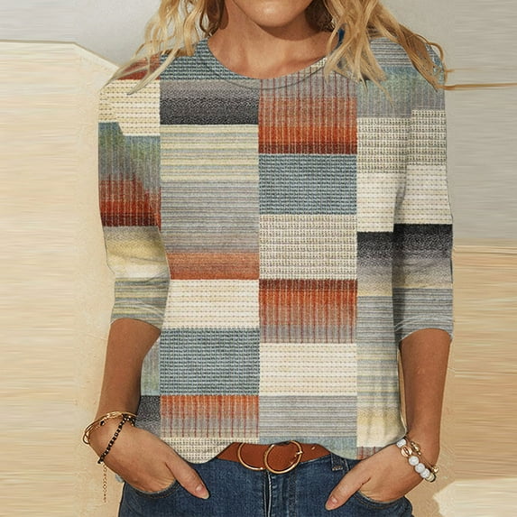 Womens Tops 3/4 Sleeves Round Neck Printed Casual T-shirt Khaki L