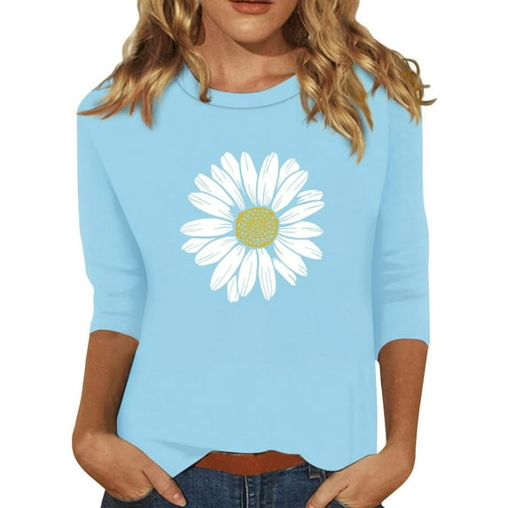 Womens Tops 3/4 Sleeves Round Neck Printed Casual T-shirt Light Blue S