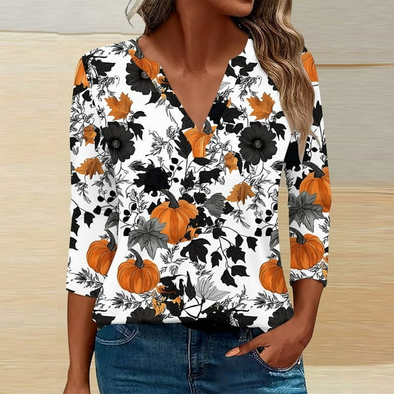 Womens Tops 3/4 Sleeves V-Neck Halloween Fall Winter Printed Casual T-shirt Blouse Brown M