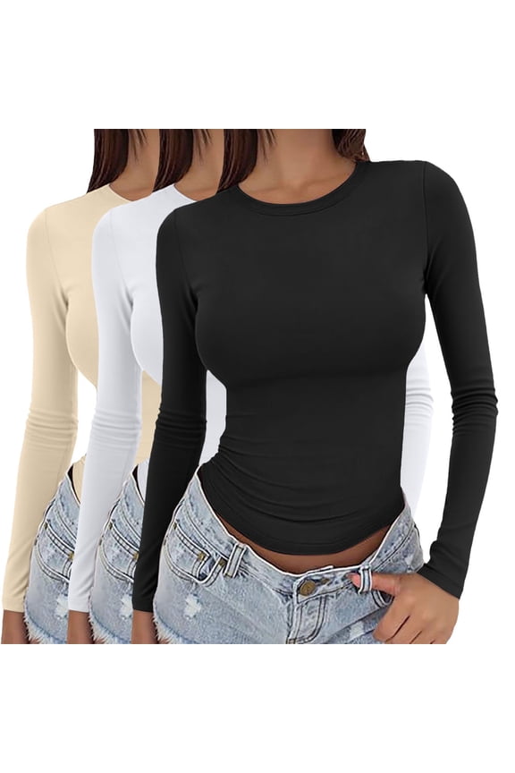 Womens Tops 3 Pieces Women Y2k Basic Long Sleeve Top Slim Baby Tee Round Neck Dupe Crop Layering Slim Top Blouse Aesthetic Streetwear