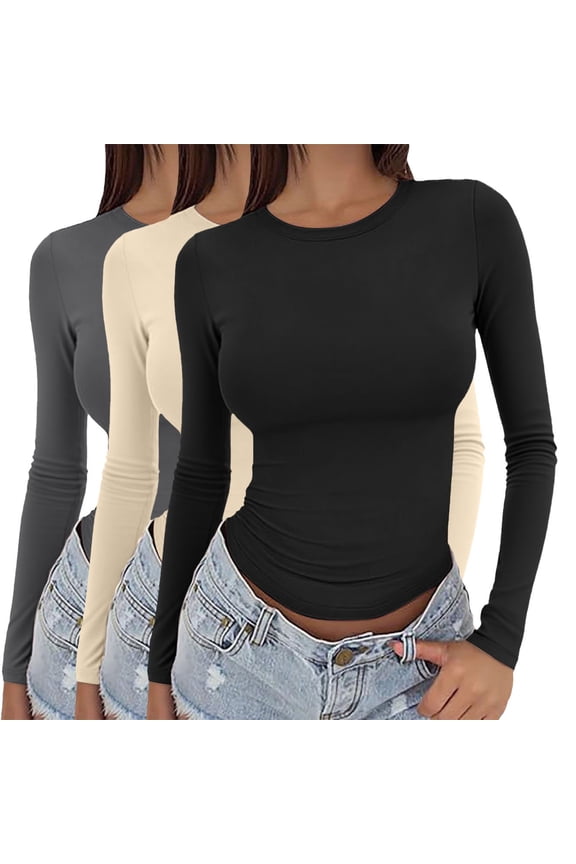 Womens Tops 3 Pieces Women Y2k Basic Long Sleeve Top Slim Baby Tee Round Neck Dupe Crop Layering Slim Top Blouse Aesthetic Streetwear