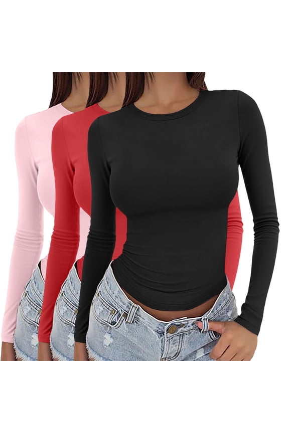 Womens Tops 3 Pieces Women Y2k Basic Long Sleeve Top Slim Baby Tee Round Neck Dupe Crop Layering Slim Top Blouse Aesthetic Streetwear