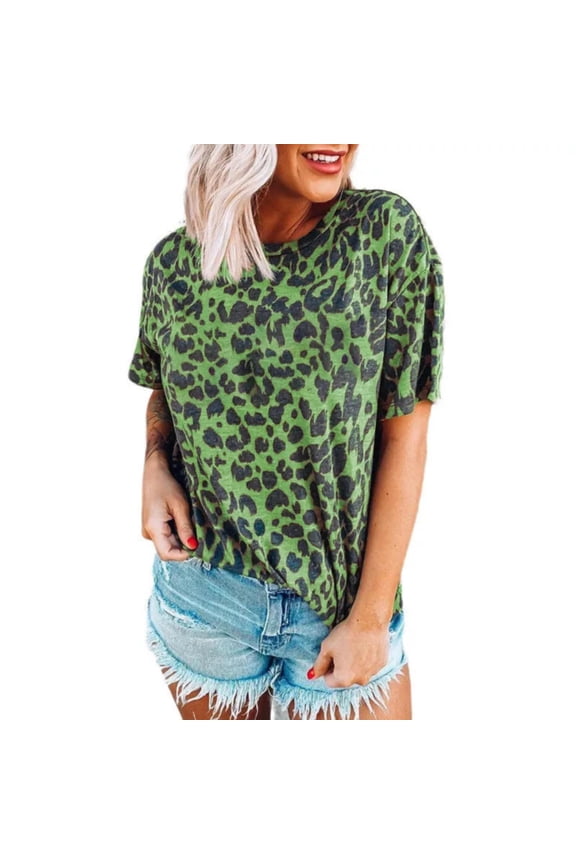 Womens Tops 3D Digital Print Crewneck Fashion Leopard Print Short Sleeve Ladies Clothing,Green,XL