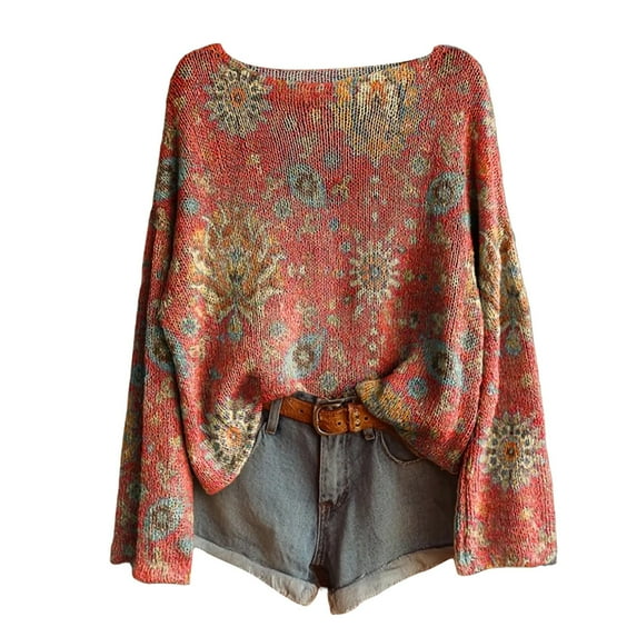Womens Tops Art Print Casual Pullover Sweater Knitted Crewneck Blouse Winter Warm Layer Top Knit Fabric Soft Stretchy Comfortable 3Xl Sweaters For Women