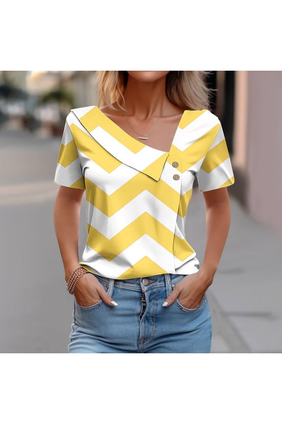 Womens Tops Asymmetric V-Neck Dressy Button Short Sleeve Loose Fit Business T Shirts Ladies Trendy Wave-Printed Basic Pullover Blouses