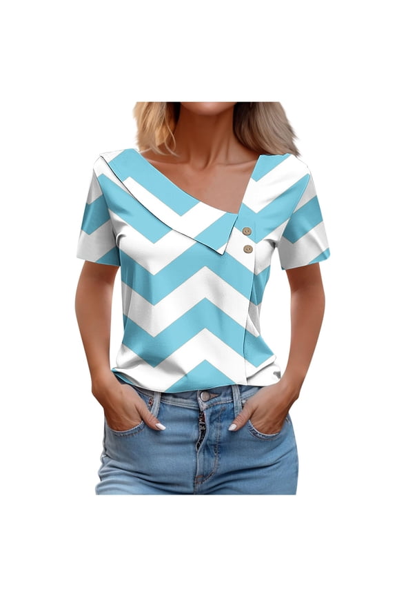 Womens Tops Asymmetric V-Neck Dressy Button Short Sleeve Loose Fit Business T Shirts Ladies Trendy Wave-Printed Basic Pullover Blouses
